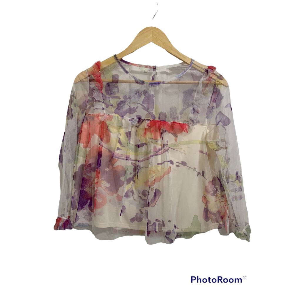 Mimi Chica‎ floral white ruffle crop blouse long sleeve size Medium NWOT